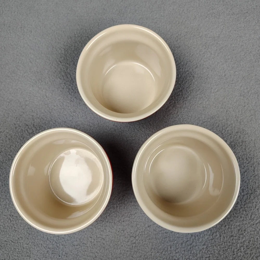Le Creuset Ramekin Set (3) Cherry Red Stoneware Stackable Ribbed 12-24 Excellent
